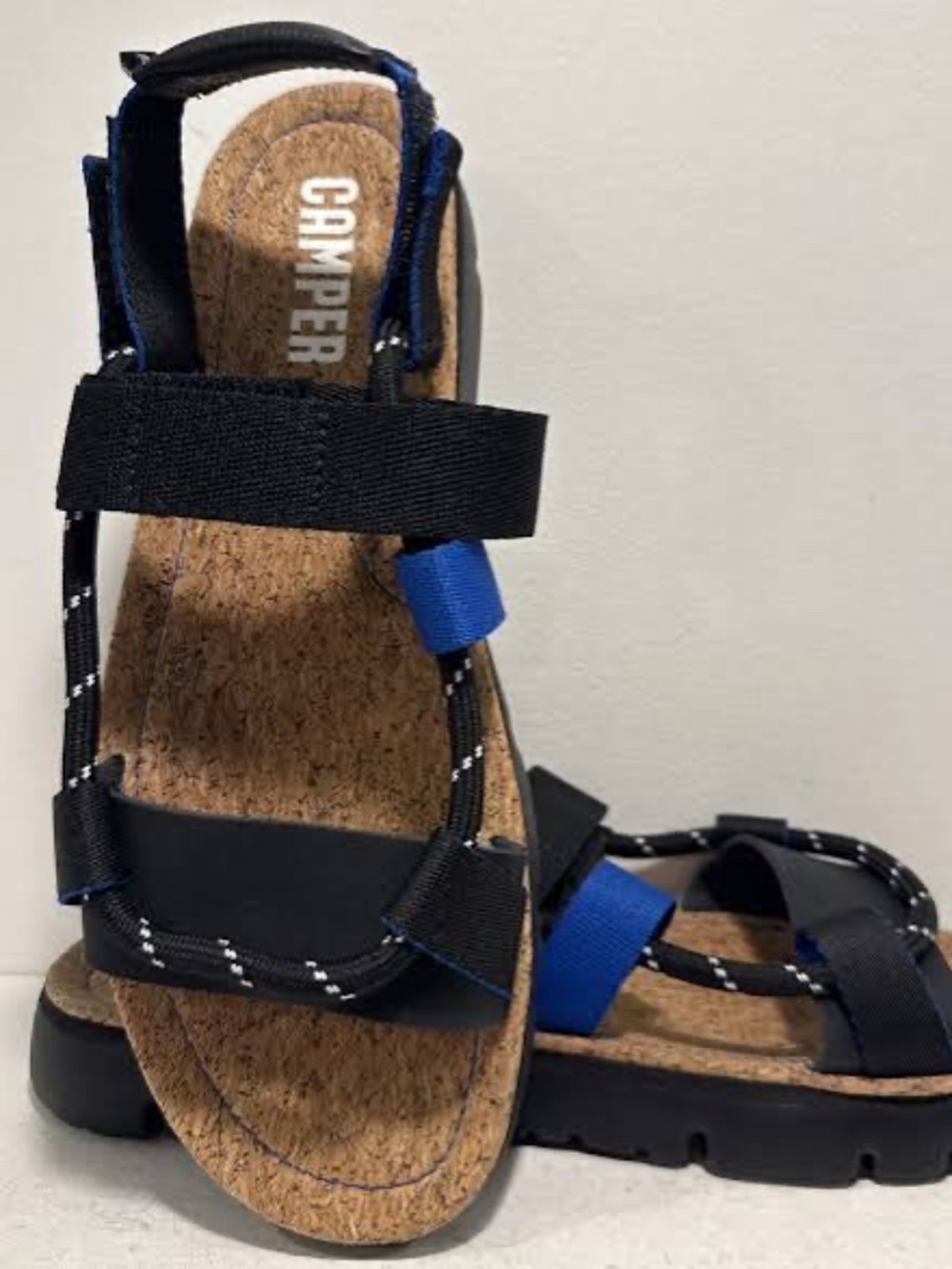 Camper Black and Blue Cork  Velcro Sandals